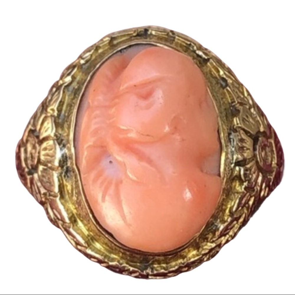 Antique Victorian 1800s 14k solid gold Coral cameo ring carved flowers etched - Picture 1 of 10